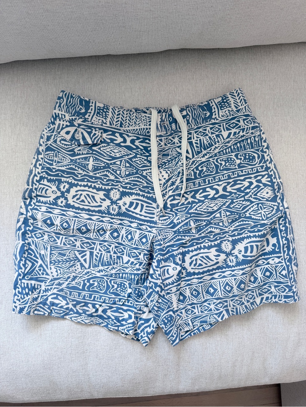 Buck Mason Blue and White Tribal Print Drawstring Shorts
